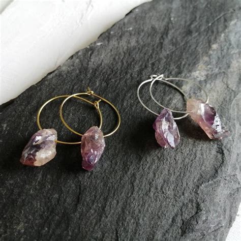 Raw Stone Hoop Earrings Amethyst Earrings Raw Crystal Etsy