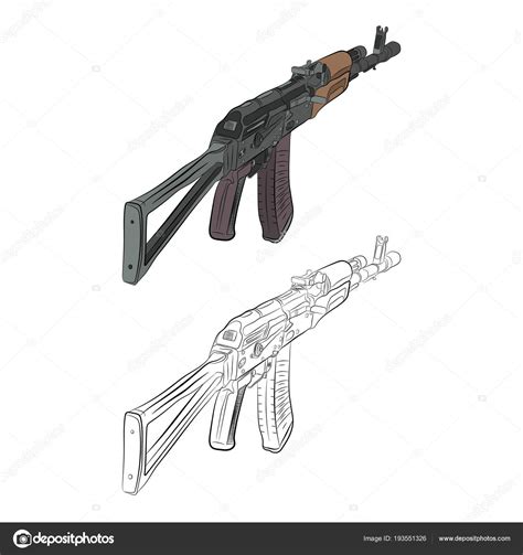 Assault Rifle Ak 47 Contour Drawing In Pencil Stock Vector Image By V