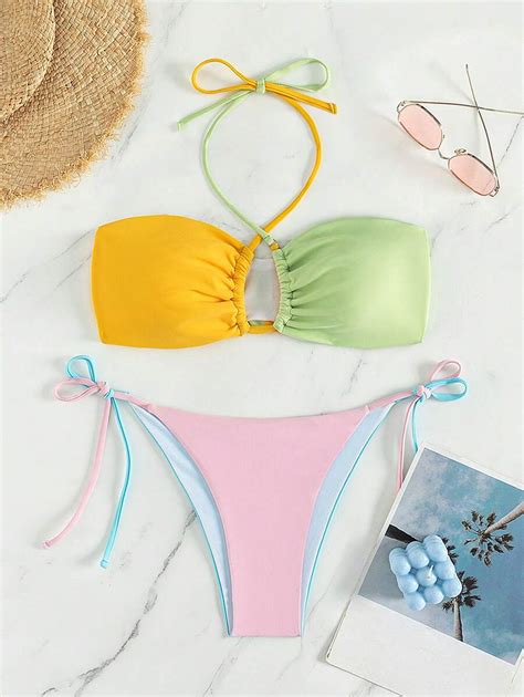 Color Block Halter Tie Side Bikini Set SHEIN USA