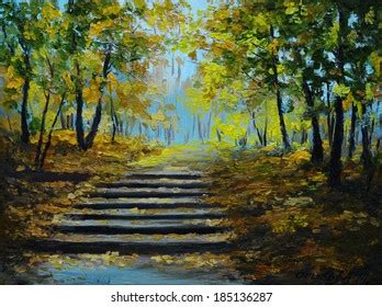 Oil Painting Autumn Forest Stock Illustration 185136287