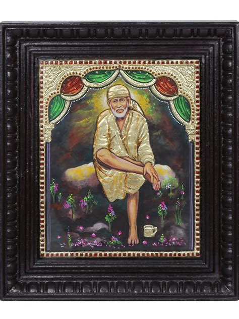 Tanjore Painting Sitting Sai Baba Traditional Colors With Karat