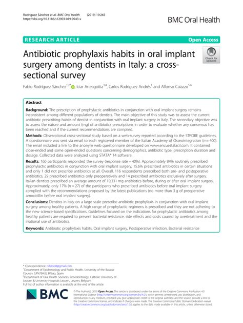 Pdf Antibiotic Prophylaxis Habits In Oral Implant Surgery Among Dentists In Italy A Cross