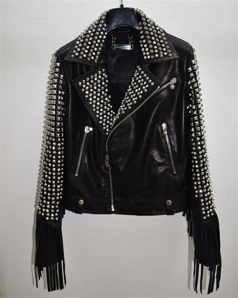 Philipp Plein Women Studded Biker Leather Jacket Leather Guys