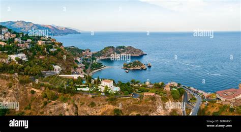 Panoramic aerial view of Isola Bella island and beach in Taormina Stock ...