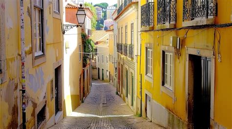 Calle Estrecha Con Pavimento De Adoquines Y Edificios Coloridos En