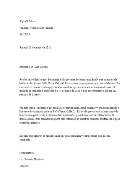 Modelo De Carta De Cambio De Domicilio De Empresa Pdf