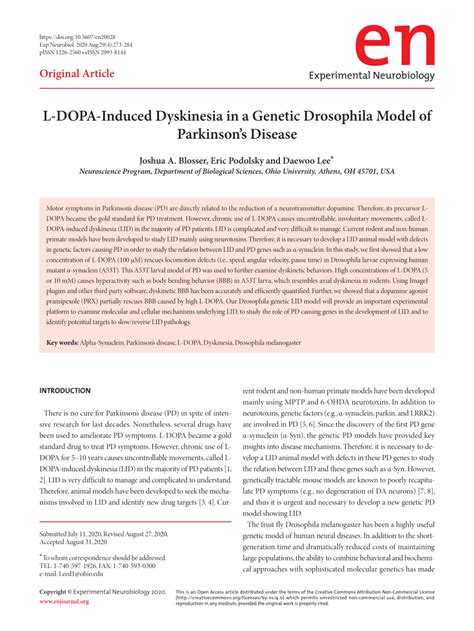 Pdf L Dopa Induced Dyskinesia In A Genetic Drosophila Model Of