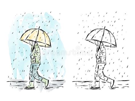 Man With Umbrella In Rain Watercolor Artwork Stock Vector