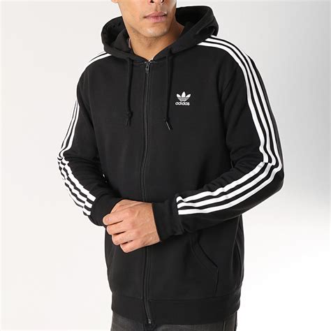 Adidas Originals Sweat Zippé Capuche 3 Stripes Dv1551 Noir Blanc