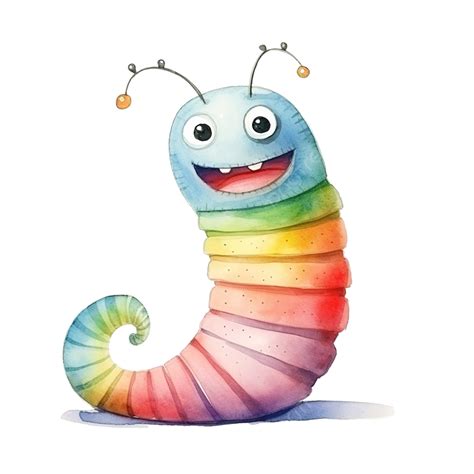 Watercolor Illustration Rainbow Striped Earthworm Monster Monster