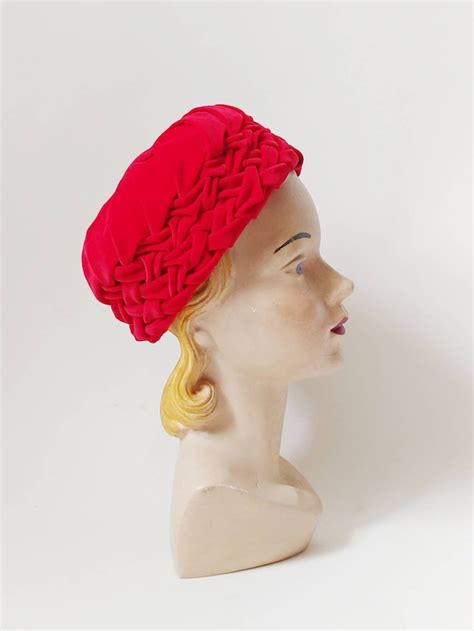 1950s Red Velvet Smocked Pillbox Hat Vintage 50s Ha Gem