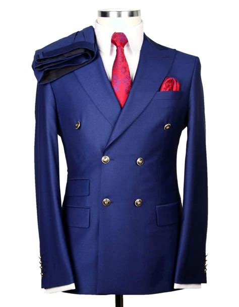 Mens Designer Modern Fit Double Breasted Wool Suit With Gold Buttons I