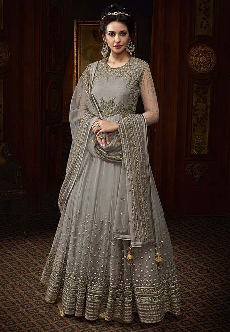 Buy Embroidered Net Abaya Style Suit Grey Online KCH2971 Utsav Fashion