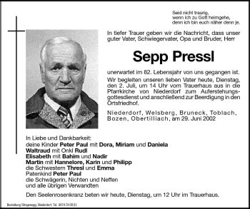 Traueranzeigen Von Sepp Pressl Trauer Bz