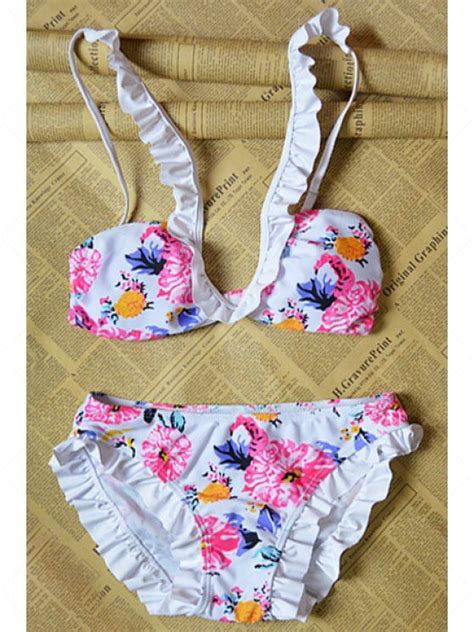 22 OFF 2021 Floral Print Frilled Bikini Set In WHITE ZAFUL