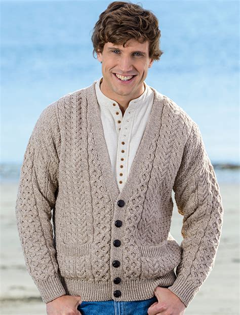 Aran Mens V Neck Cardigan Mens Chunky Knit Cardigan