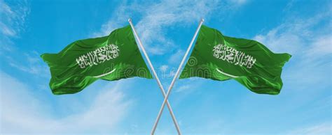 Two Crossed Flags Saudi Arabia And Saudi Arabia Waving In Wind At