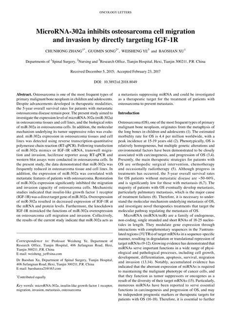 Pdf Microrna 302a Inhibits Osteosarcoma Cell Migration And Invasion