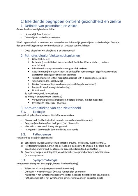 Samenvatting Pathofysiologie Hoofdstuk Inleidende Begrippen