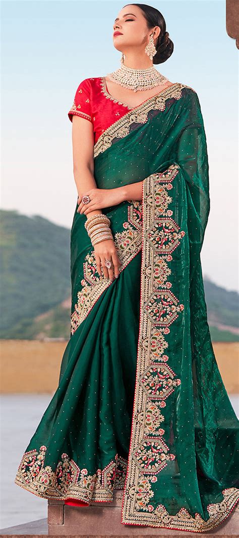 Bridal Traditional Wedding Green Color Satin Silk Fabric Saree