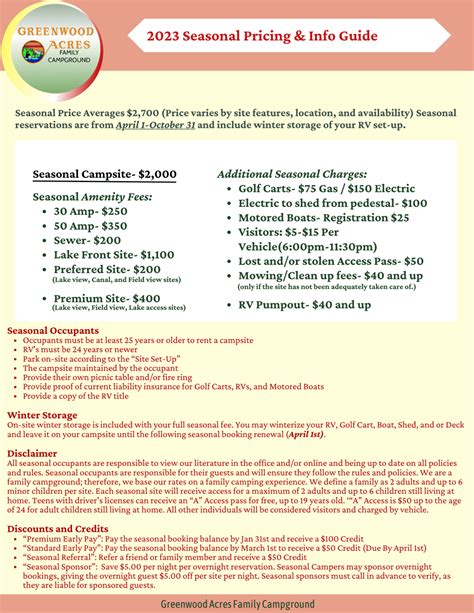 2023 Seasonal Pricing & Info Sheet - Greenwood Acres Family Campground