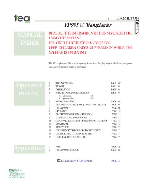 Operator manual MANUAL INDEX Appendices