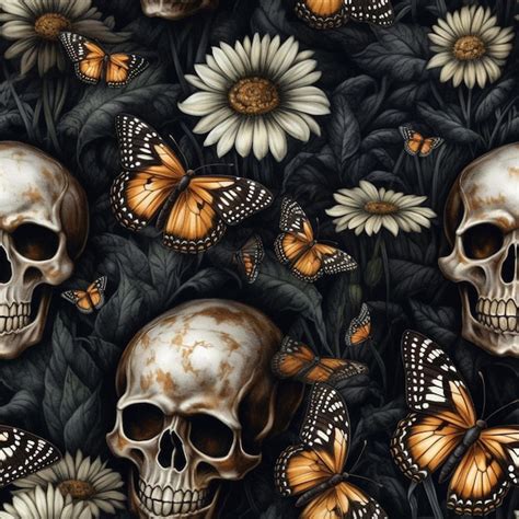 Premium Photo A Skull And Butterflies Wallpaper With A Black