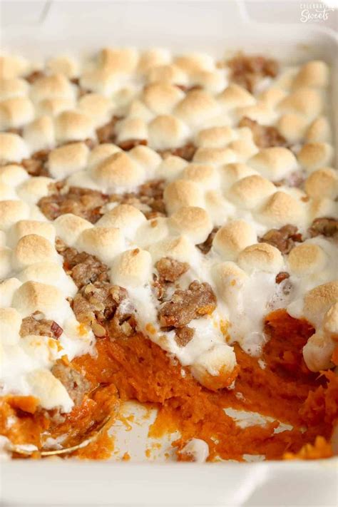 Sweet Potato Casserole With Marshmallows And Streusel In A White Baking