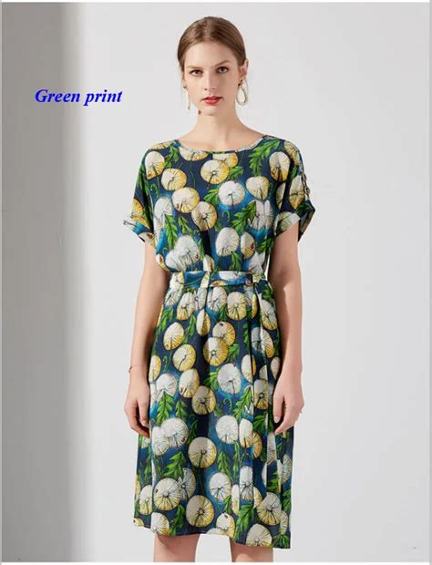 New Arrival Lady Pure Silk Round Neckline Print Summer Dress 100 Silk