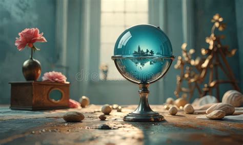 Blue Glass Sphere With Reflection Ship Sits On Wooden Table