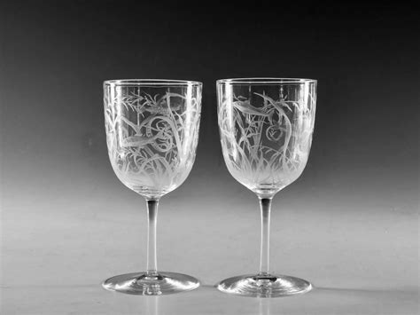 Antique Glass Wine Glasses Pair Engraved English C1880 In Antique Wine Glasses Carafes