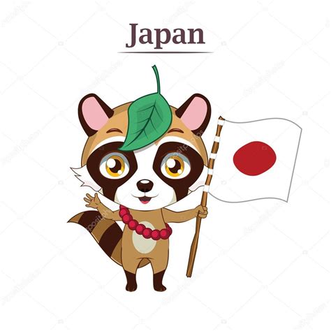 Tanuki Perro Mapache Sosteniendo La Bandera Japonesa Vector De Stock