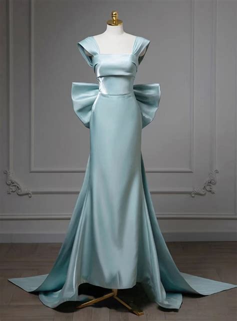 Blue Mermaid Satin Bow Prom Dress