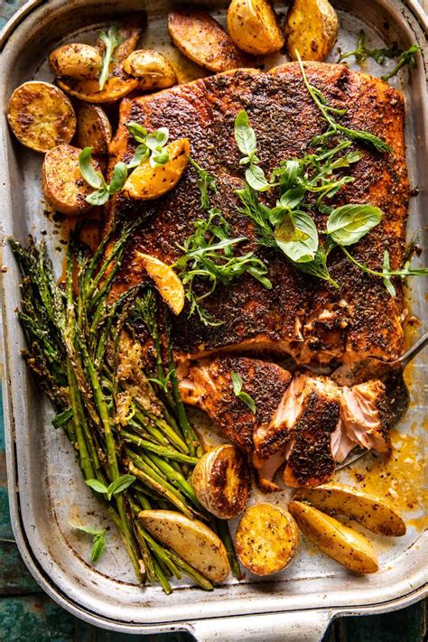 Sheet Pan Lemon Brown Butter Salmon And Potatoes With Parmesan Asparagus Half Baked Harvest