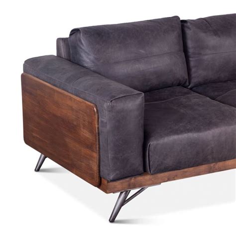 Mid Century Sofa in Leather and Wood - Antique Ebony - Zin Home