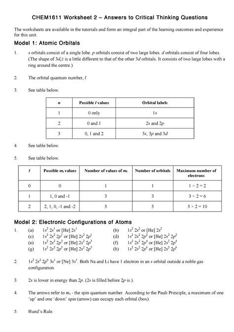 Tutorial 02 Answers C H E M 1 6 1 1 W O R K S H E E T 2 A N S W E R S T O C R I T I C A L