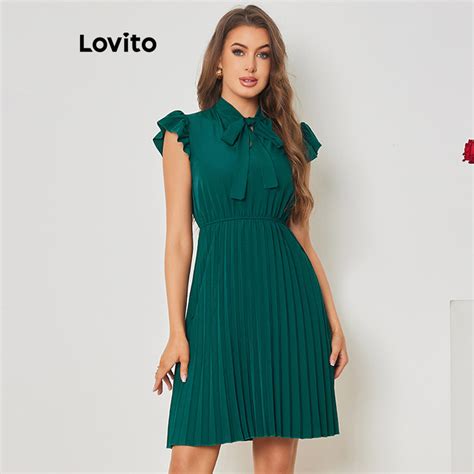 Lovito Elegante Vestido Feminino Liso Plissado De Amarrar Babados