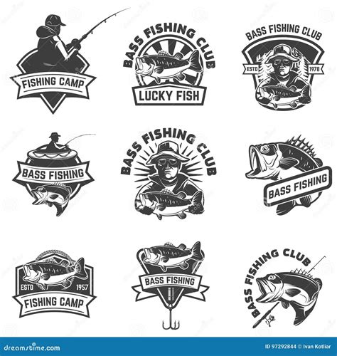 Set Of Bass Fishing Emblem Templates On White Backgroun Stock Vector