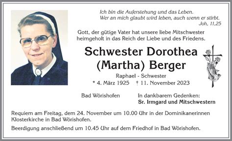 Traueranzeigen Von Dorothea Berger Augsburger Allgemeine Zeitung