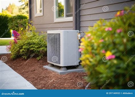 Hvac System Outside A Home With A Digital Smart Thermostat Stock Photo