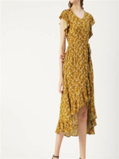 Buy Moomaya Yellow Floral Print Flutter Sleeve Tulip Hem A Line Midi Dress Dresses For Women