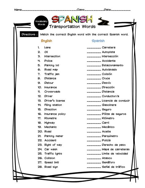 Spanish Transportation Vocabulary Matching Worksheet And Answer Key