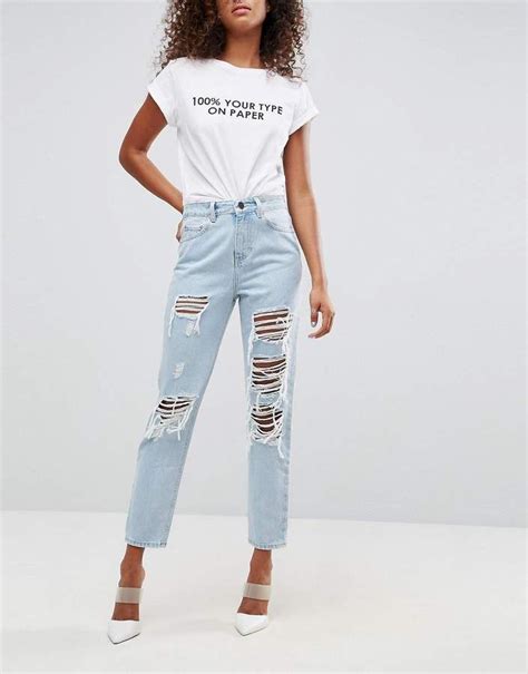 Asos Original Mom Jeans In Dex Aged Wash With Rips And Busts Light Wash Ripped Jeans Ripped