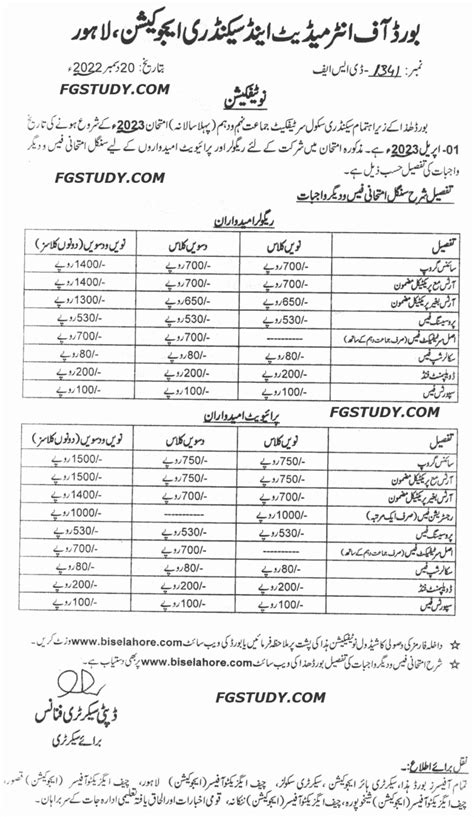 Bise Lahore Board Matric Exams Schedule Fg Study