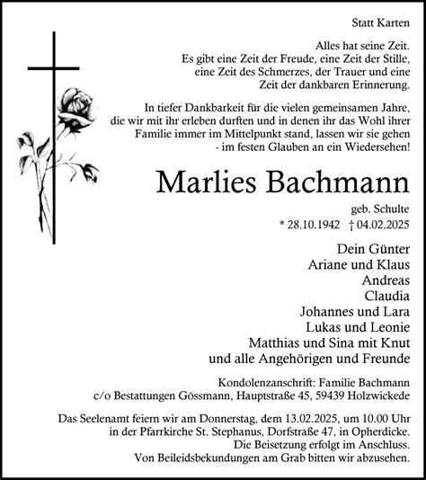 Traueranzeigen Von Marlies Bachmann Sich Erinnern De