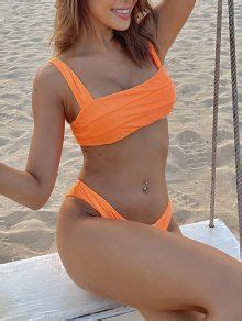 Padded Wide Straps Bandeau Neon Bikini Set In Neon Orange Zaful