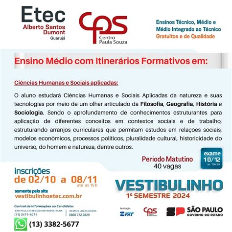 Vestibulinho Etec 1º Semestre De 2024 Nossos Cursos Etec Alberto