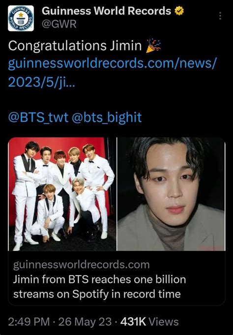 Congratulations Jimin 🥳 Billion Record Artist Jimin Guinness World