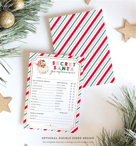 Stripe Pink Multi Printable Secret Santa Questionnaire Template