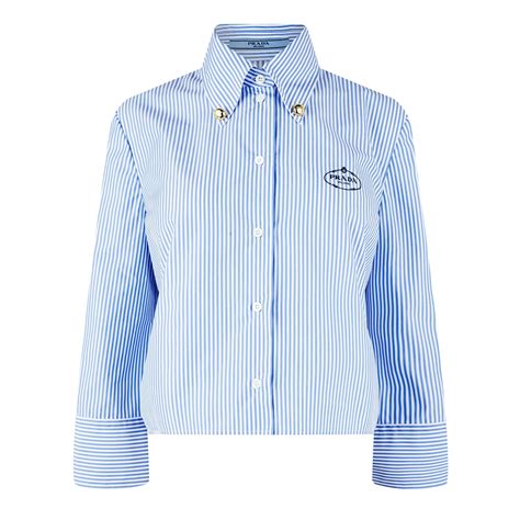 Prada Embroidered Striped Shirt Women Bianco Azzurro Flannels